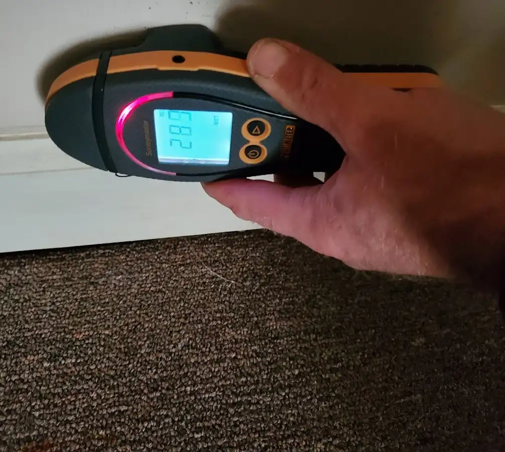 Moisture detection at baseboard during Storm Damage Restoration in Clovis